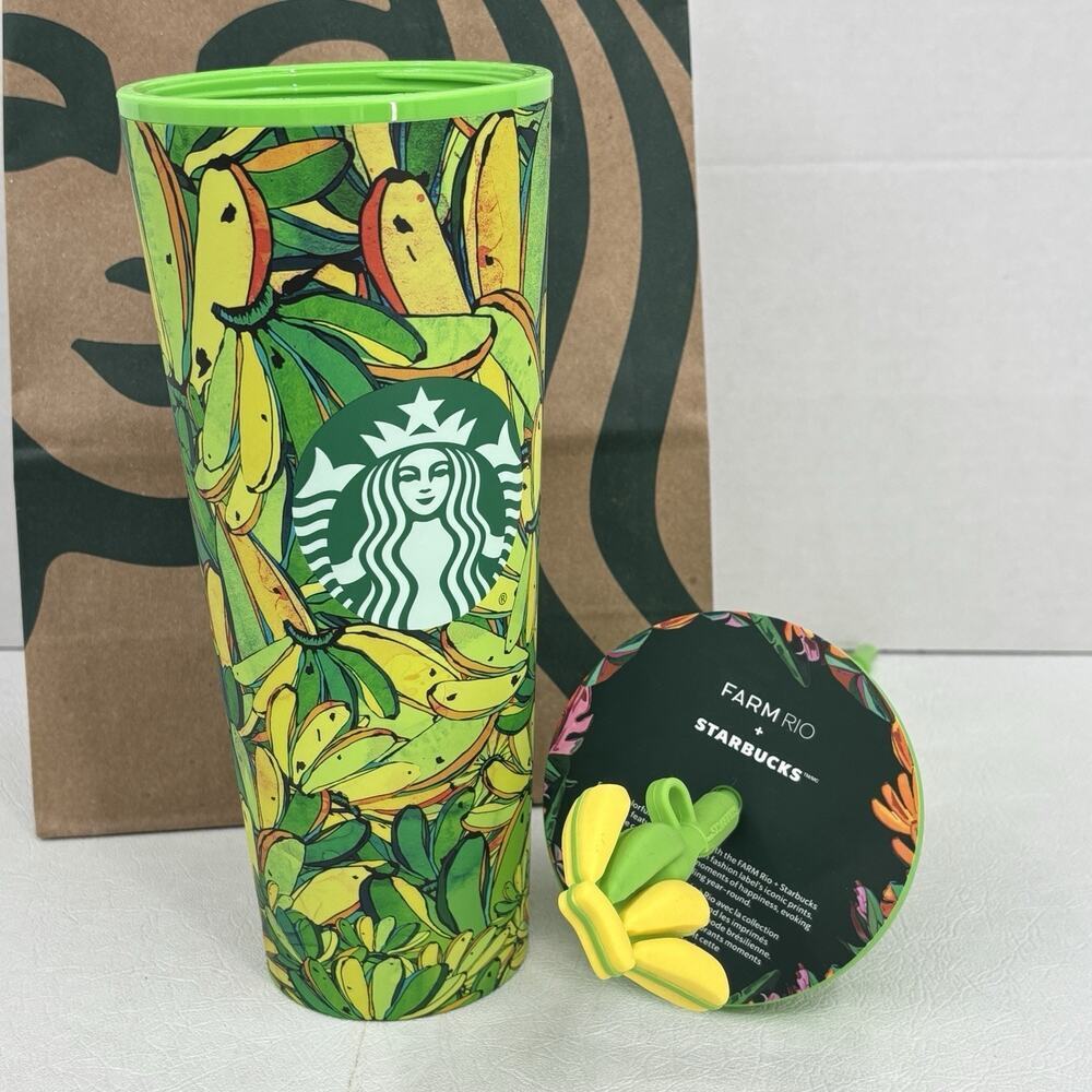 Starbucks x Farm Rio 24oz Tumbler Green Yellow Banana Straw Topper Summer 2025 - Picture 7 of 10